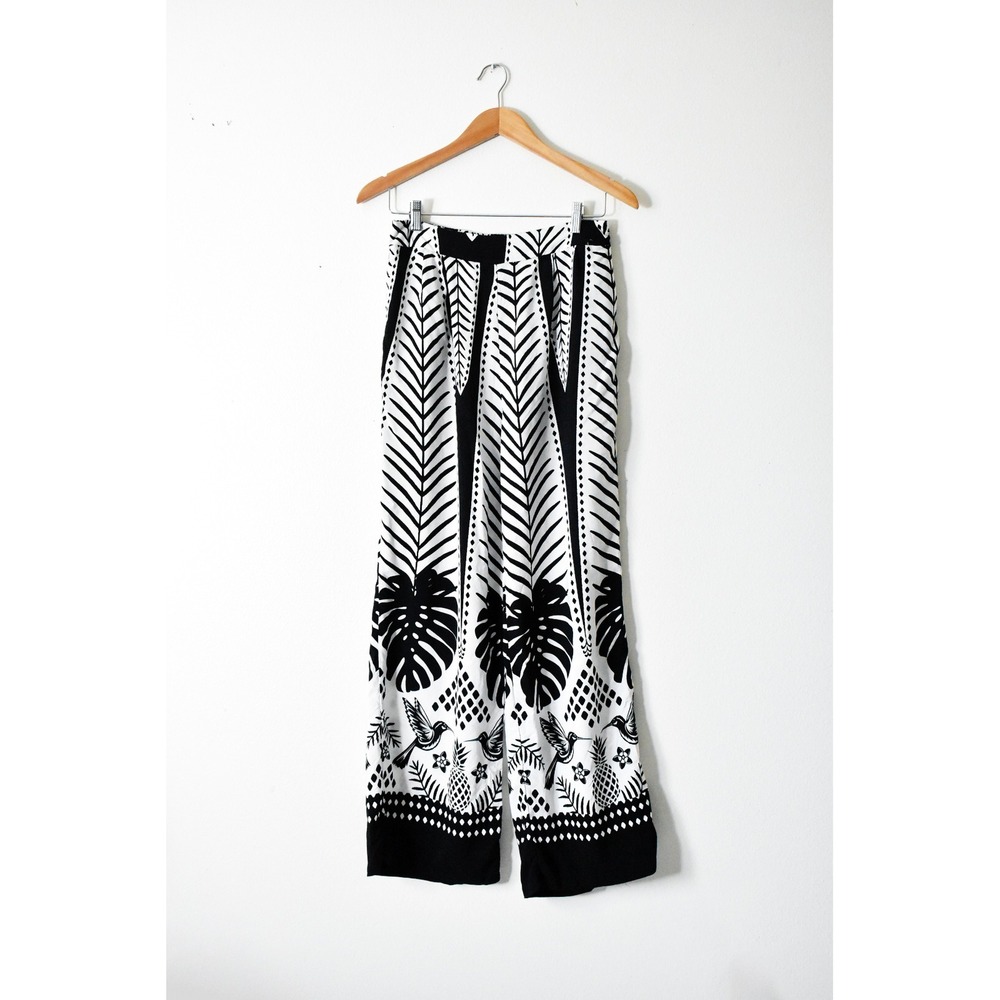 Sunburst Kiss Wide Leg Pants Womens XL Black White Modern Tropical Hummingbird